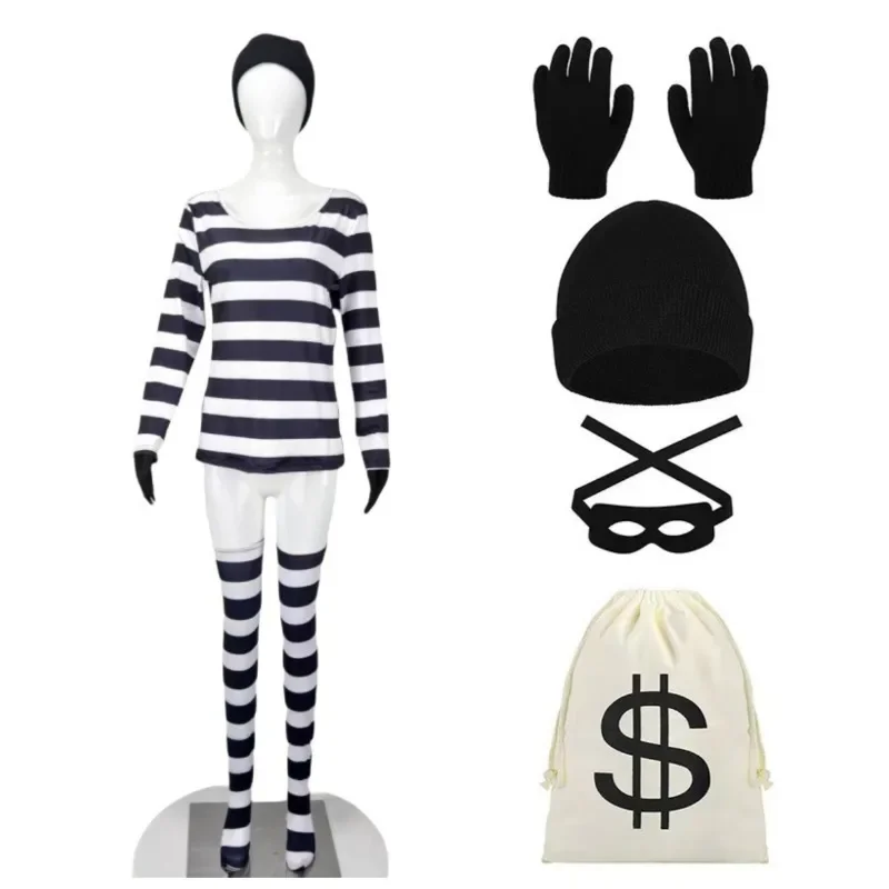 هالوين اللص تأثيري حلي اللص موحدة طويلة الأكمام تي شيرت مخطط مجموعة قبعة جورب اكسسوارات أزياء الكرنفال #2