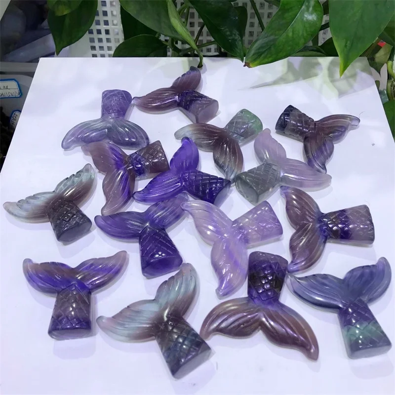 6.7cm Natural Purple Fluorite Crystal Fishtail Carving Sculpture Healing Energy Quartz Gemstone Crafts For Christmas Gift 1pcs