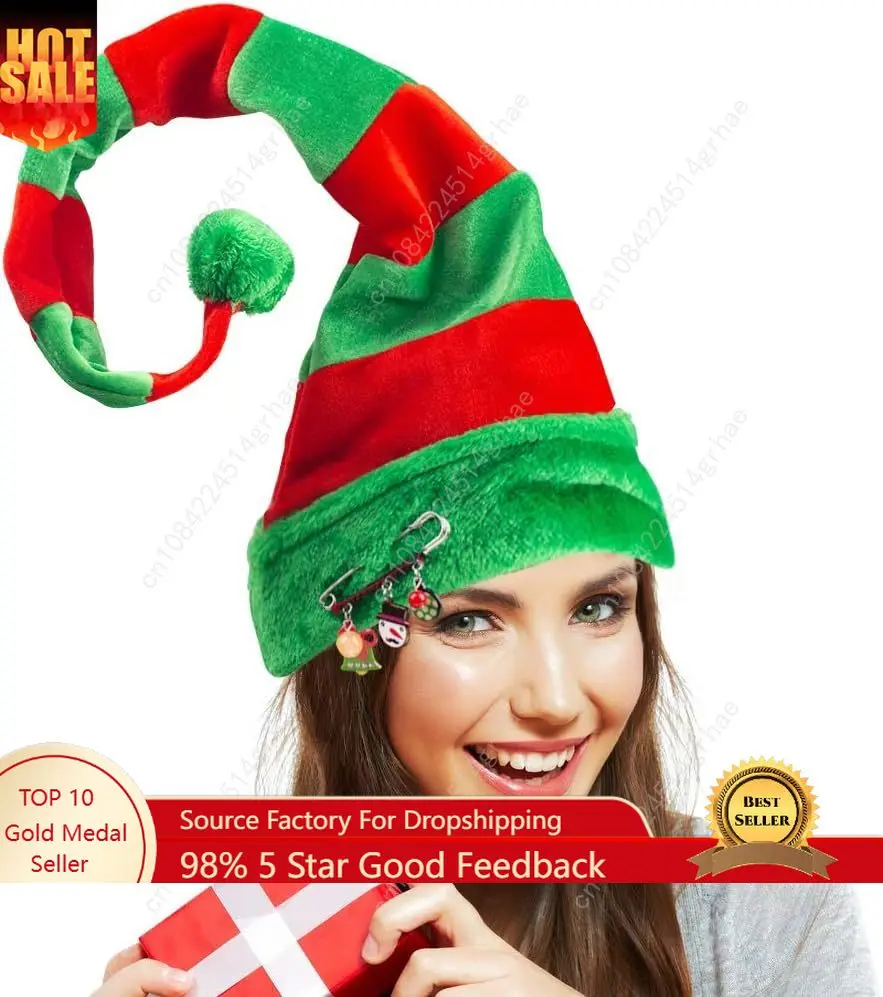 

BigOtters Christmas Elf Hat, Long Striped Felt Hat with Cute Brooch Pin for Kids Adults