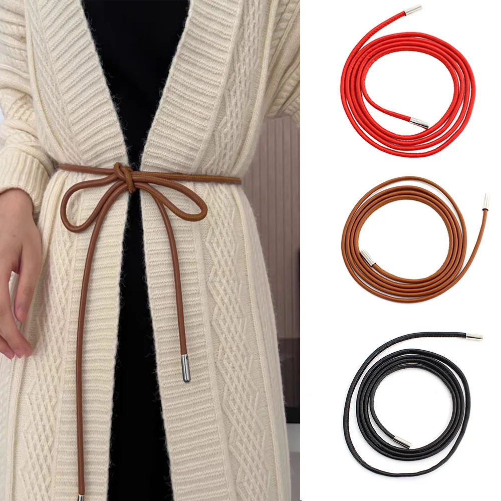 NEW Dress Coat Decoration Ultral Thin Waist Belt For Women Solid Color PU Leather Slim Belt Vintage Bow Knot Long Waist Chain