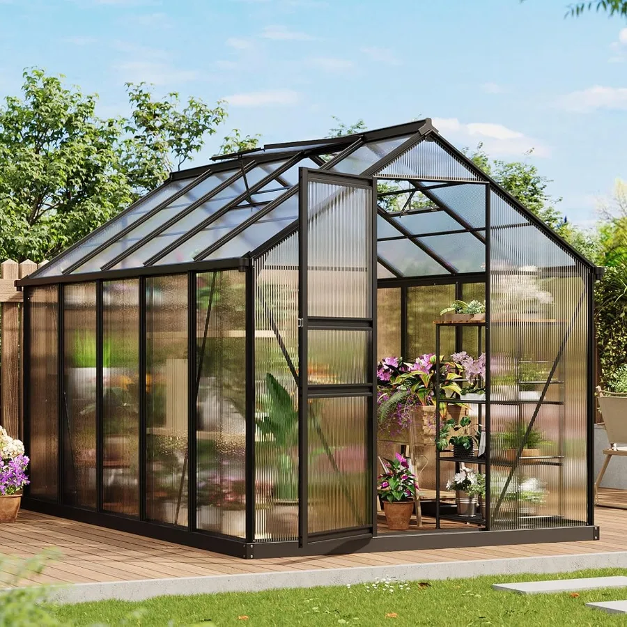 

Greenhouses 6x10 FT Greenhouse for Outdoors Polycarbonate Greenhouse with Roof Vent Ground Nails Lockable Hinged Door Aluminum