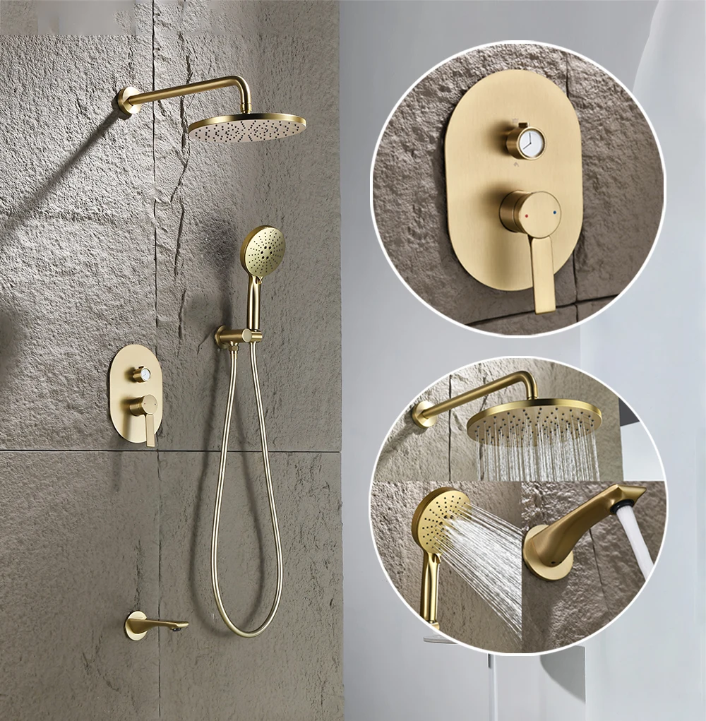 الراقية نحى الذهب الحمام الحنفيات في جدار دش المطر مجموعة الصلبة النحاس ثرموستاتي صنبور حوض خلاط جزءا لا يتجزأ من نظام دش حوض الاستحمام صنبور دش حديث فاخر مخفي لحوض الشلال مجموعة كاملة