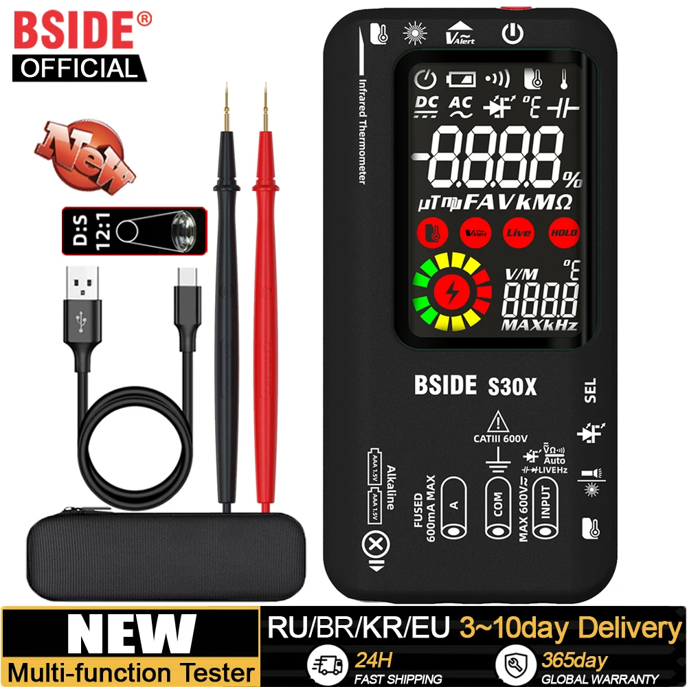 BSIDE Digital Multimeter Infrared Temperature Smart 15V Diode LED Tester True RMS 9999 DC AC Voltage Rechargeable Multiteter DMM