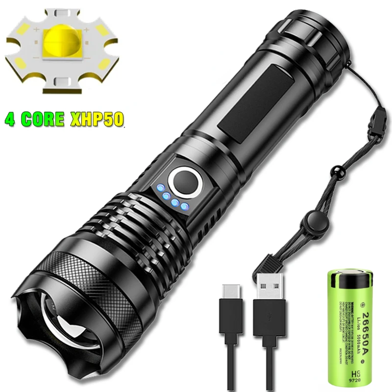 

Супер яркий светодиодный фонарик, перезаряжаемый через USB, с аккумулятором, дисплей, фонарик с возможностью масштабирования, подходит для кемпинга, охоты