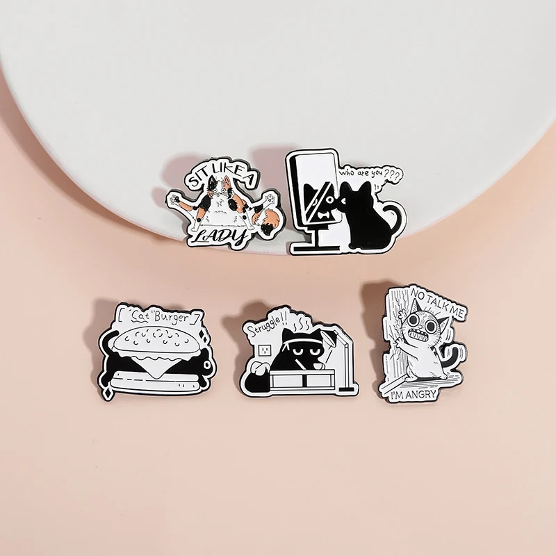 No Talk Me I'M Angry Your Favourite Cat Enamel Pins Struggle Burger Lazy Cats Brooch Lapel Badge Jewelry Gifts For Kid Friends