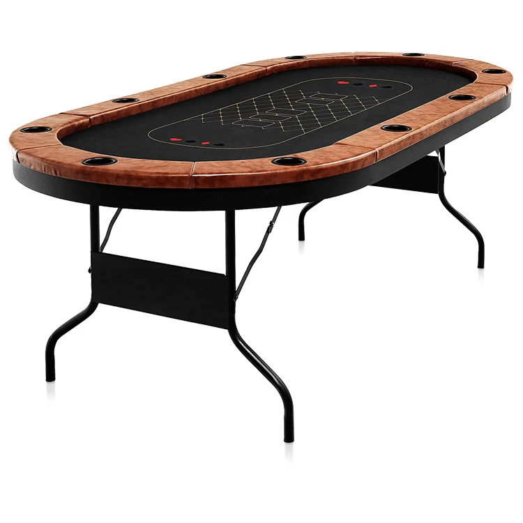 10-Player Oval Foldable Casino Texas Holdem Poker Table Water-Resistant Cushioned Rail Black Metal Frame Brown Leather Top Top