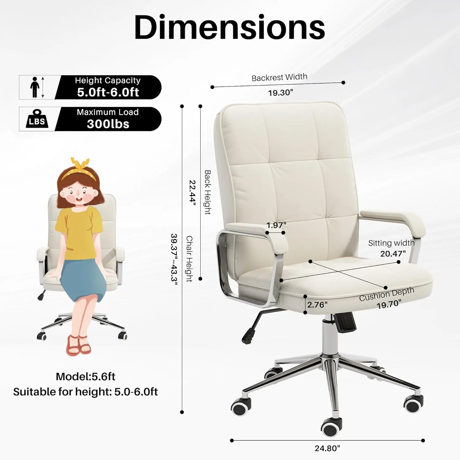 Home Office Desk Chair, Swivel Computer Desk Chair with Wheels and Padded Arms, Soft Leather, Adjustable Height and Tilt (White)