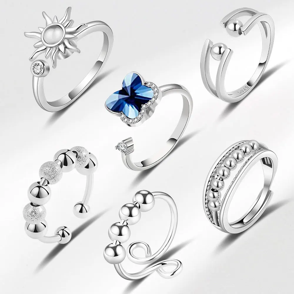 SMJEL Crystal Flower Anxiety Relief Ring for Women Adjustable Open Fidget Spinner Anti-Stress Relaxing Decompression Ring