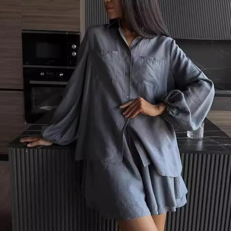 Women Casual Cozy Lapel Loose Shirt Short Sets Single Breasted Blouses Elastic Waist Baggy Fashion Shorts Suits 2 Piece Sets