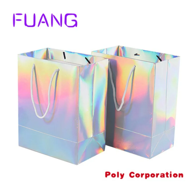 Custom  manufactures custom bags Rainbow colorful hardcover christmas gift paper holographic laser bag for jewelry cosmetic gift