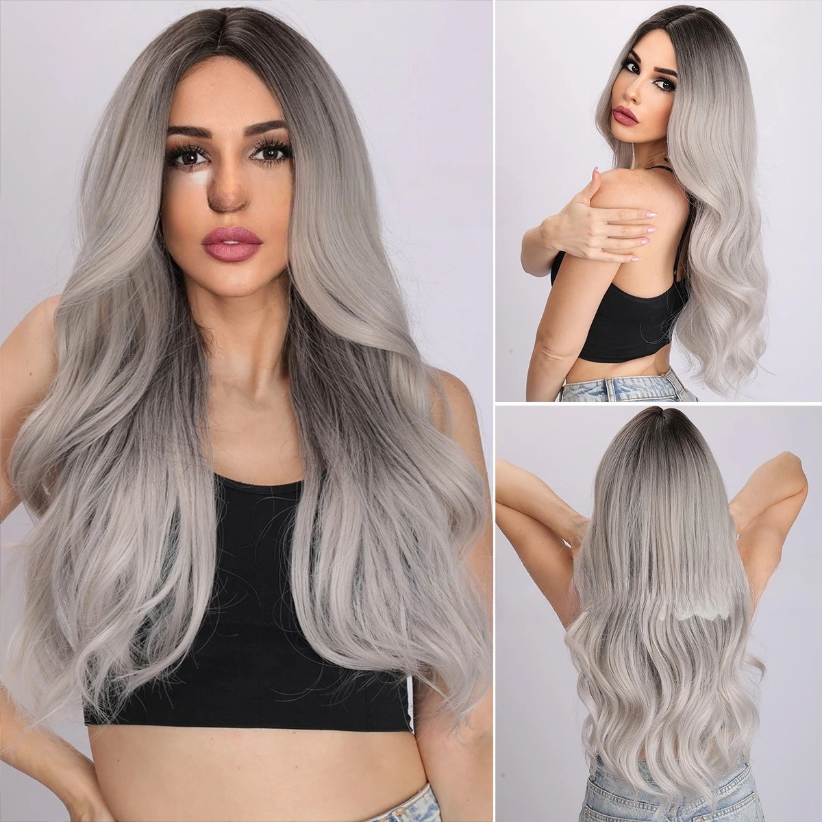 

European and American fashion wigs advanced gray gradual change wave wigs hot sale fake