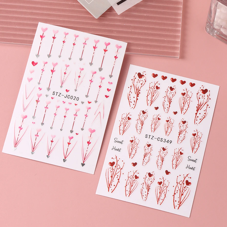 Ensemble d'autocollants pour ongles en forme de cœur, décalcomanies pour ongles en forme de cœur, ligne rouge et rose, modèles d'ongles auto-adhésifs romantiques pour femmes et s, accessoires pour ongles