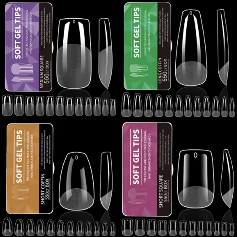 550 Pieces Light Patch Semi-Patch Non-Trace Extended Nail Glue Wear Fake Nails Full Coverage Nail Extensions Home Kit