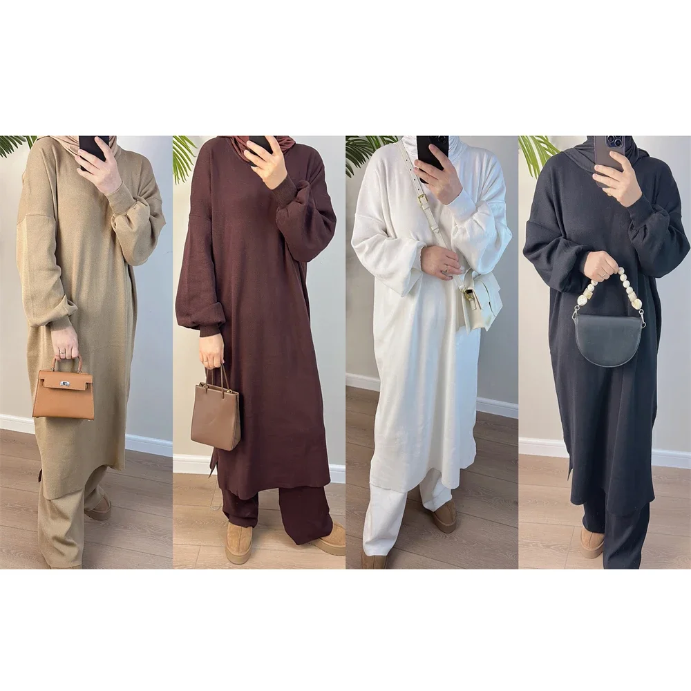 Two Pieces Set Winter Muslim Long Sleeve Knitted Dress and Wide-leg Pants Women Islam Clothing Femme Musulmane Abaya Kaftan Suit