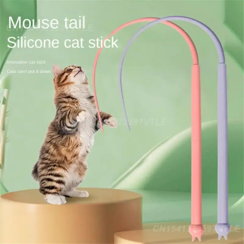 Silicone Cat Teasing Stick Replaceable Tail Attractive Silicone Cat Teasing Pole Gift Rat Tail Rod Easy Installation Flexible