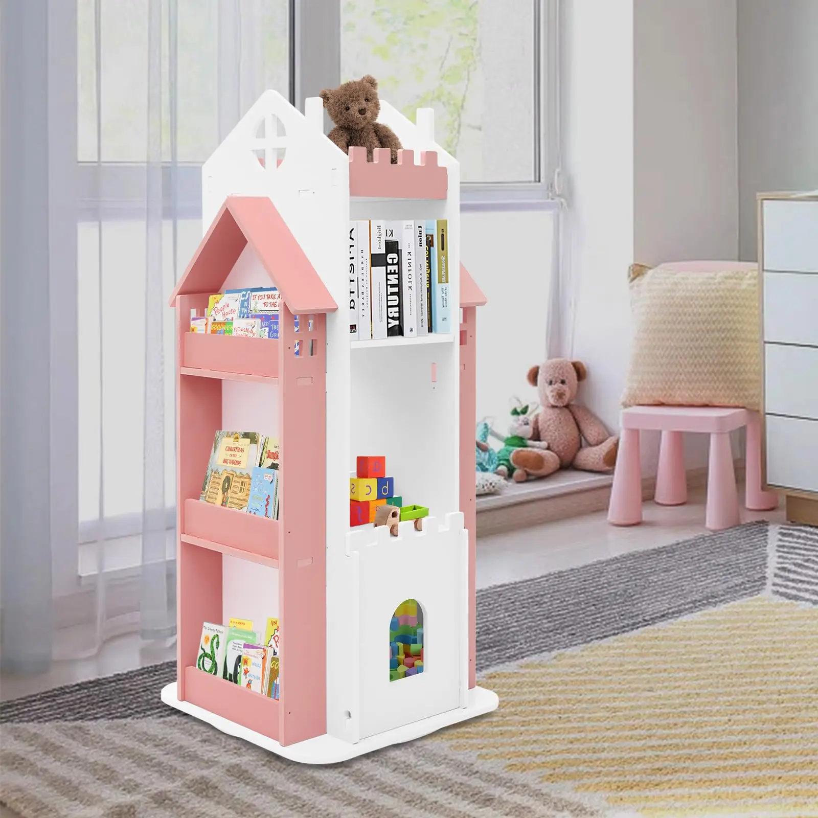 Scaffale girevole per bambini, 3 livelli 360 °     Espositore Scaffale per bambini girevole Scaffale ad angolo piccolo per spazio piccolo Camera da letto per bambini