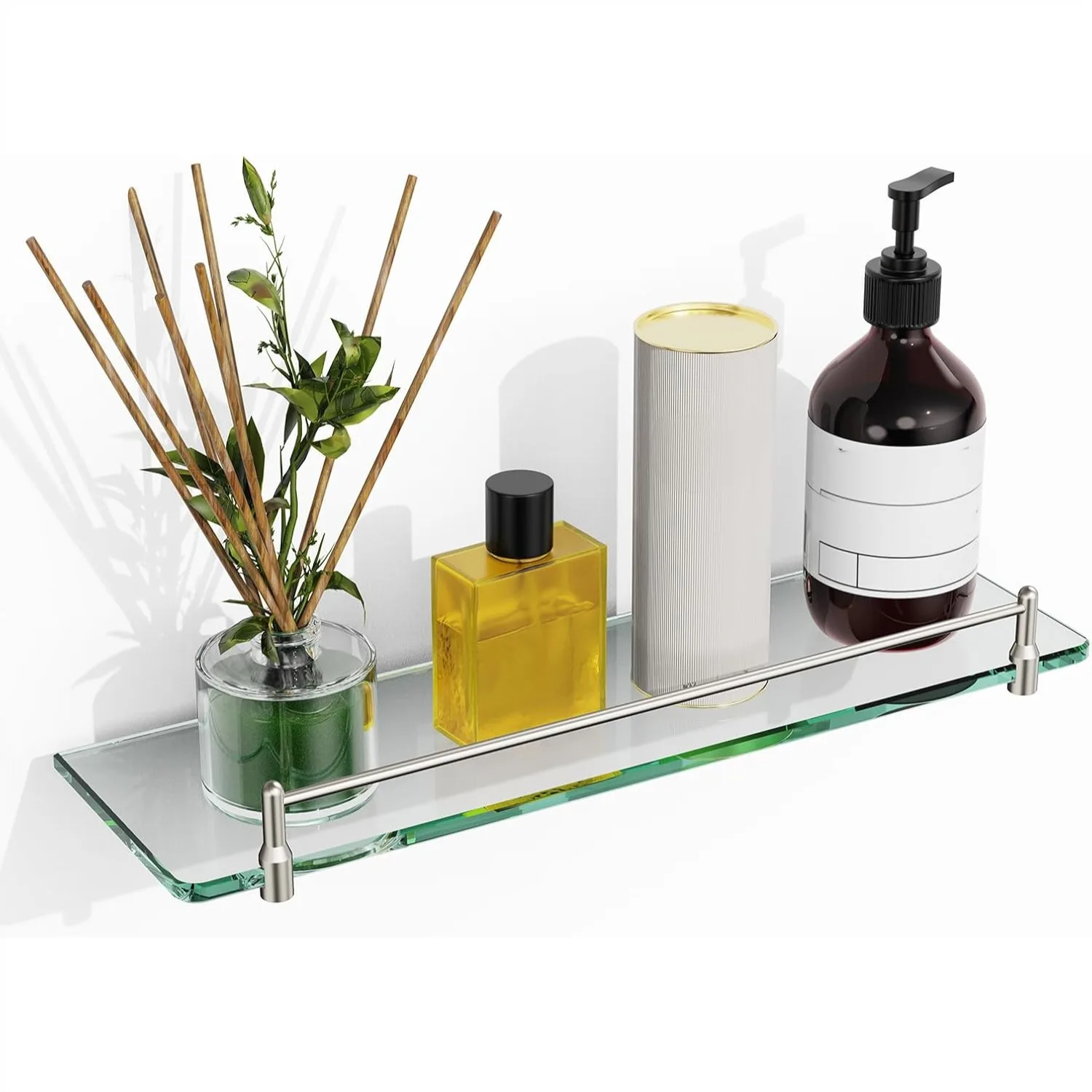 

16 Inch Brushed Nickel Floating Glass Shelf for Bathroom Wall Mounted with Stainless Steel Bracket