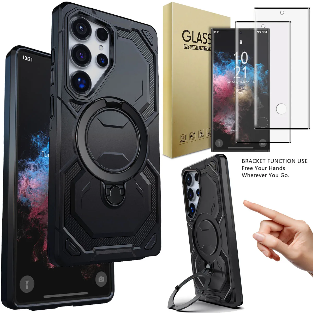 

Black For Samsung Galaxy S22 Ultra 5G Case Kickstand Shockproof Cover And 2pcs Full Coverage Tempered Glass Screen Protectors