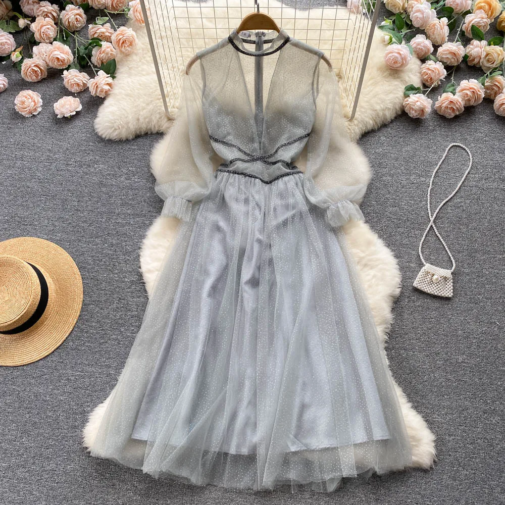 

High Quality Women Spring Summer Temperament Fairy Skirt Thin Section Perspective Gauze Dress Female Slim Long Grey Skirt