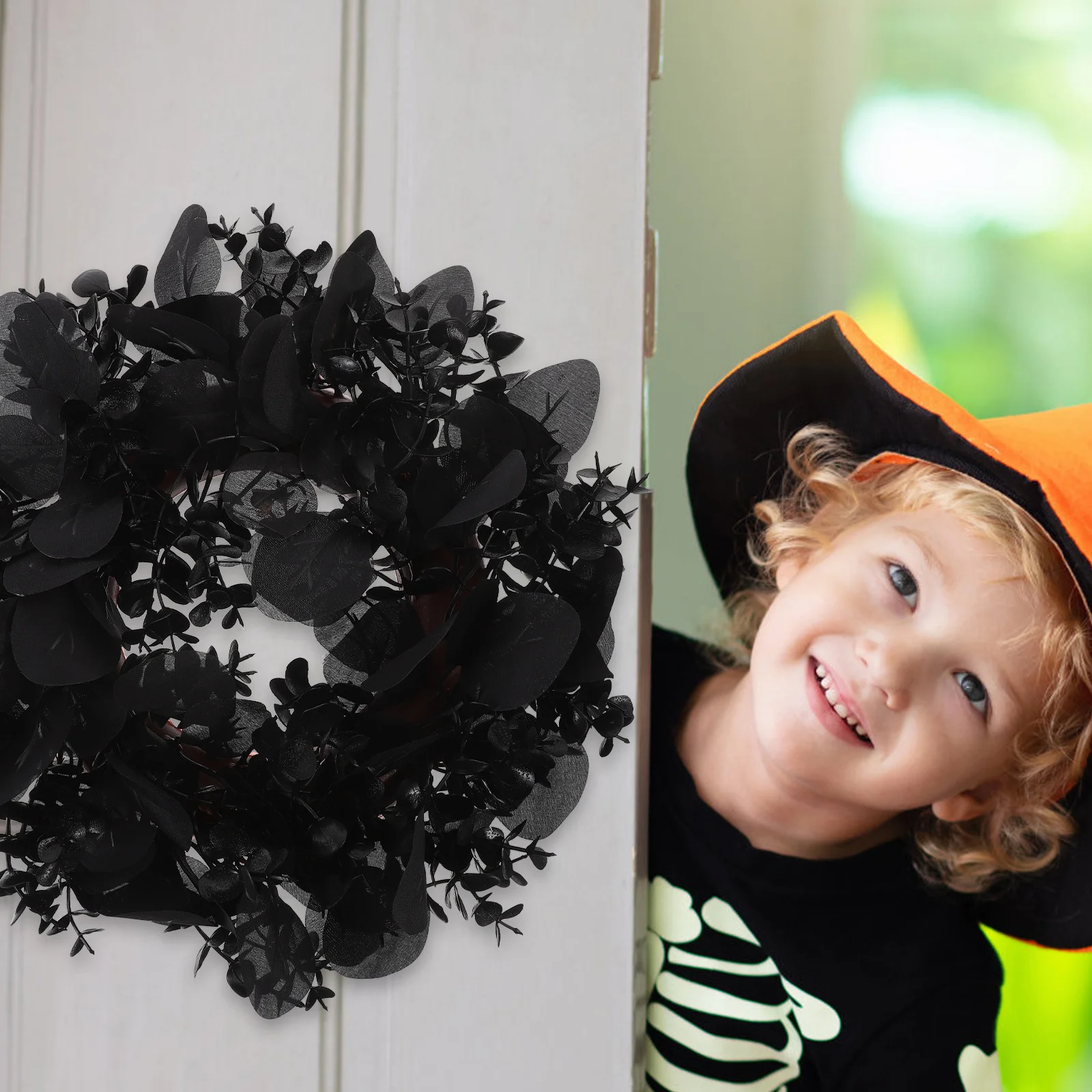 

Black Eucalyptus Wreath Halloween Decor Front Door Hanging Ornament Outdoor Indoor Party Decoration Halloween Garland Photo