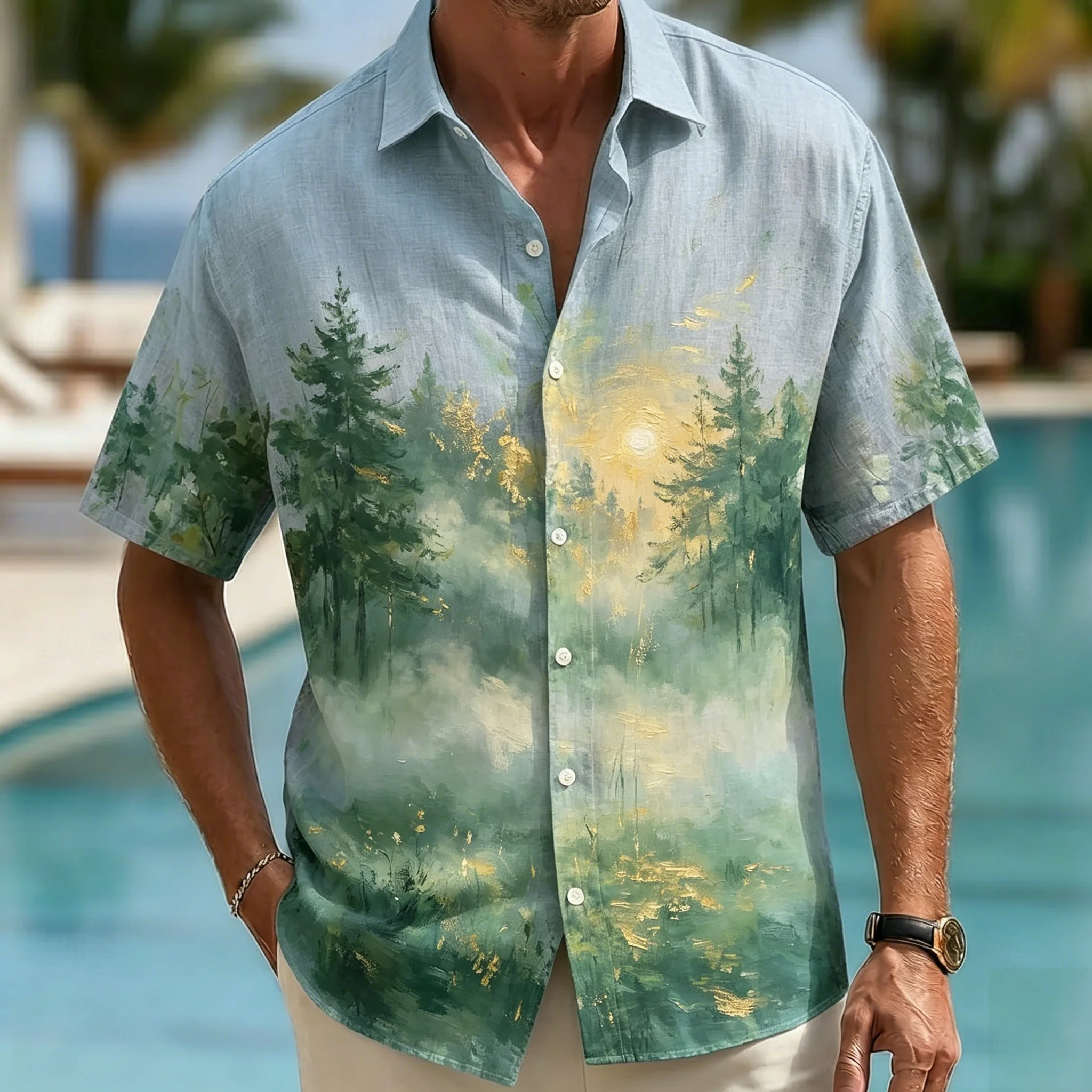 

Men's Watercolor Forest Sunrise Print Short Sleeve Shirt Misty Pine Tree Landscape Graphic Casual Button Down Top for Summer