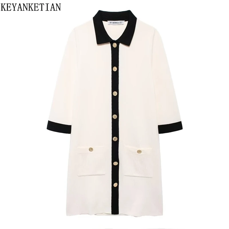 

KEYANKETIAN 2024 New Women's Three Quarter Sleeve Knitted Dress Autumn Pockets Single Breasted Office Lady Straight Mini Dress