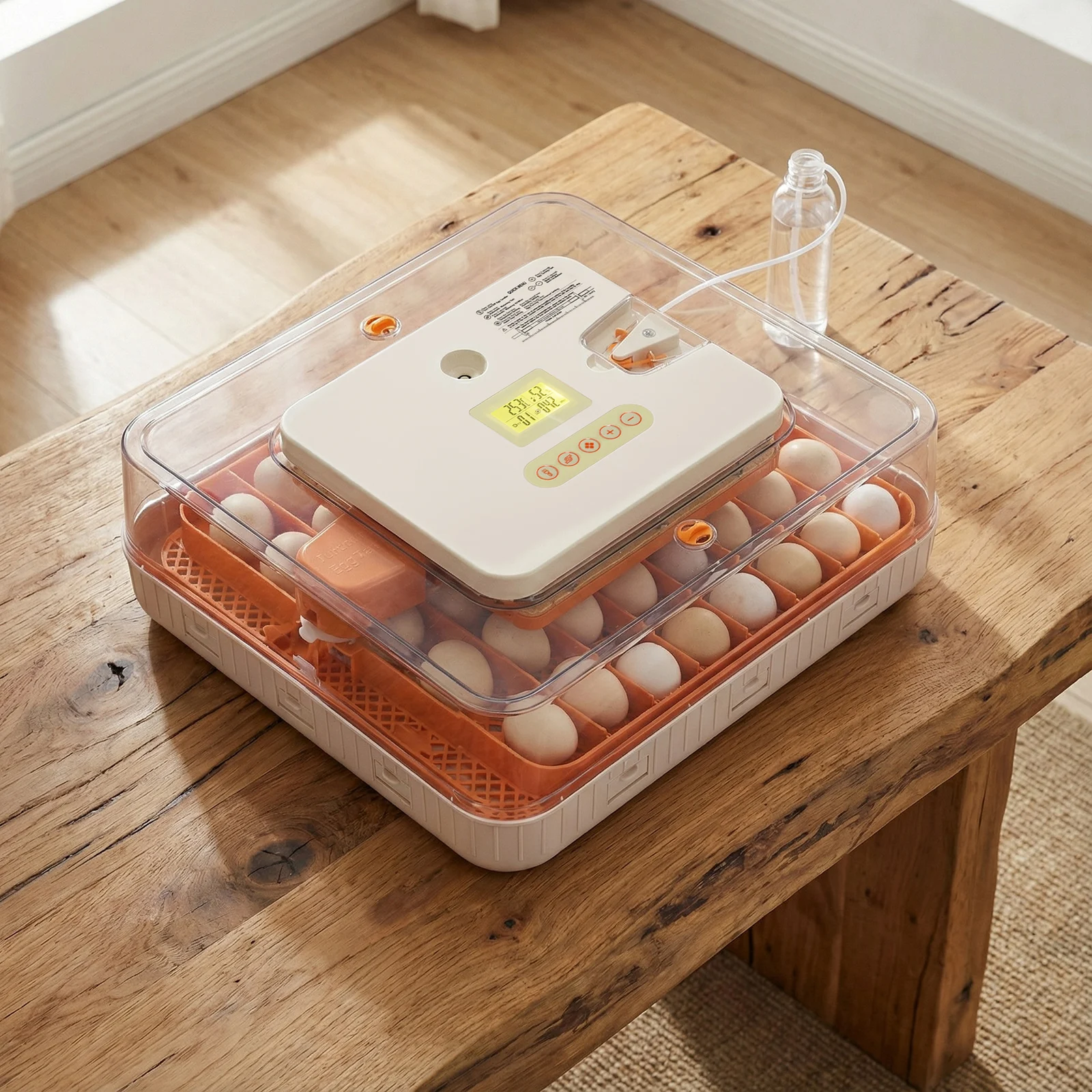 

Инкубатор для яиц из ABS и PET материалов с оранжево-белым корпусом и прозрачной крышкой, улучшенная LED-подсветка для просмотра яиц, автоматический переворот яиц
