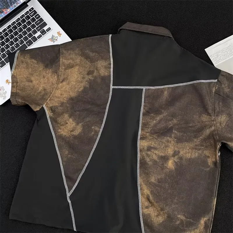 

American Retro Patchwork ort Sve Casual Loose Men's irt Summer New Color Colion Design Casual Top Outerwear