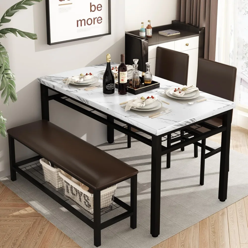 Dining Table Set for 4 with Bench and Chairs,Faux Mable Small Kitchen Table and Chairs for 4 w/Storage Rack, Dining Room Table