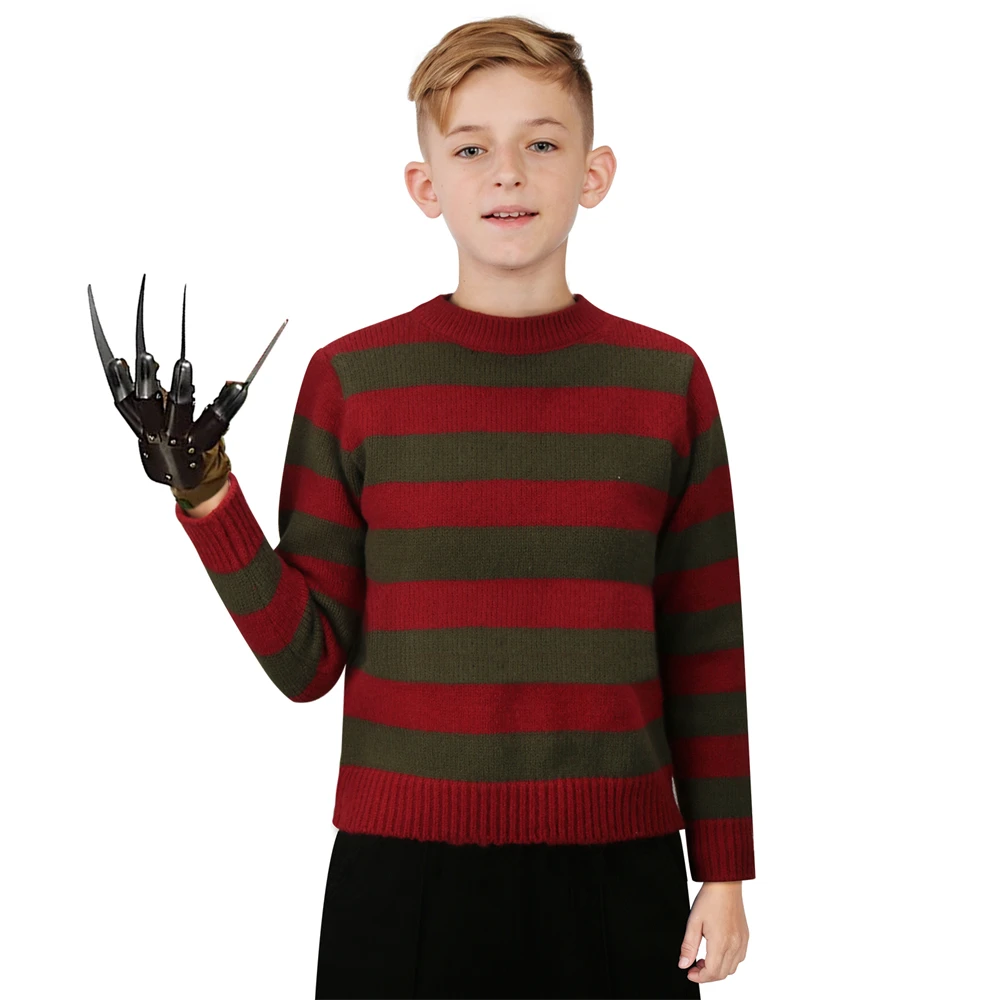 

Freddy Krueger Horrific Cosplay Sweater Boys Girls Red Green Striped Outfits Ghost Street Halloween Costumes for Children