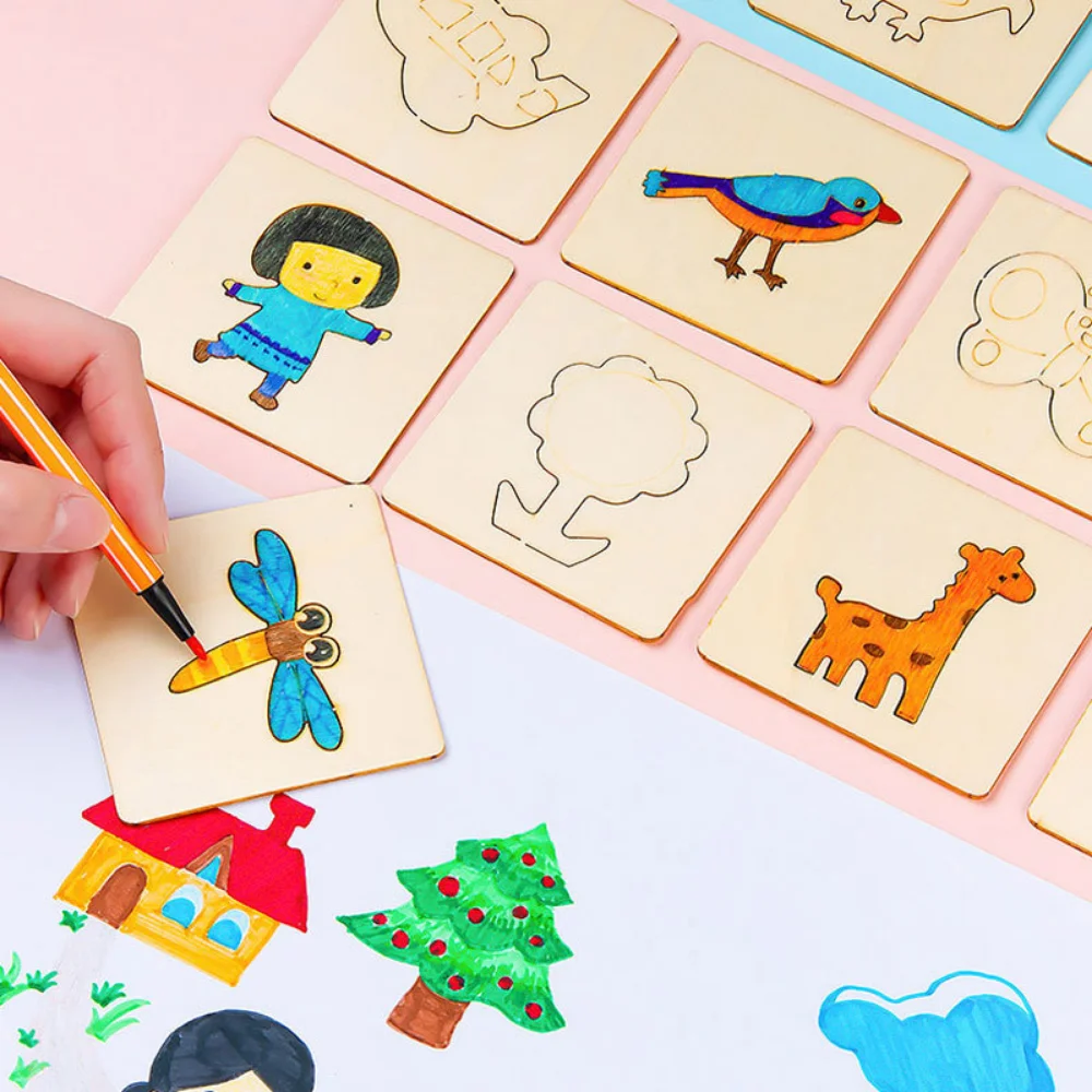 20 buah Montessori mainan gambar anak-anak kayu DIY templat lukisan stensil mainan kerajinan Puzzle mainan pendidikan untuk hadiah anak-anak