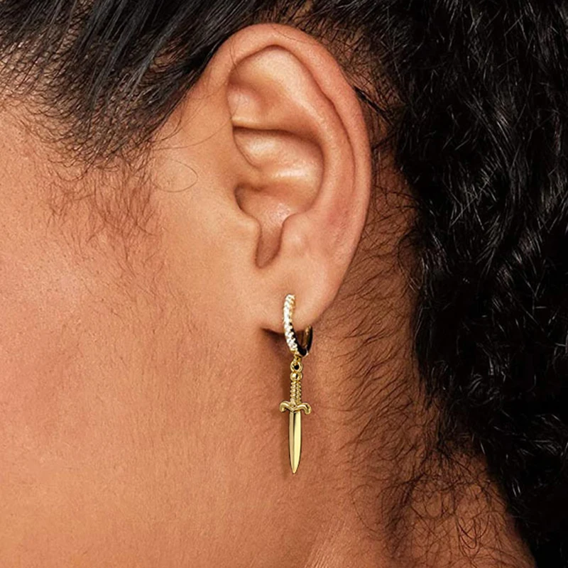 Sword Pendant Hoop Earrings for Women Punk Men Accessories Gold Color Crystal CZ Cartilage Dangle Ear Jewelry Wholesale KBE232