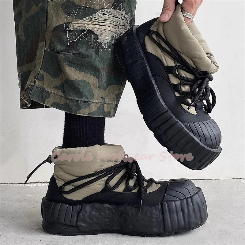 Male Bread Big Head Thick-Soled Cross Strap Snow Boots Winter Warm Casual Shoes Mixed Color High Top Men's Short Boots
