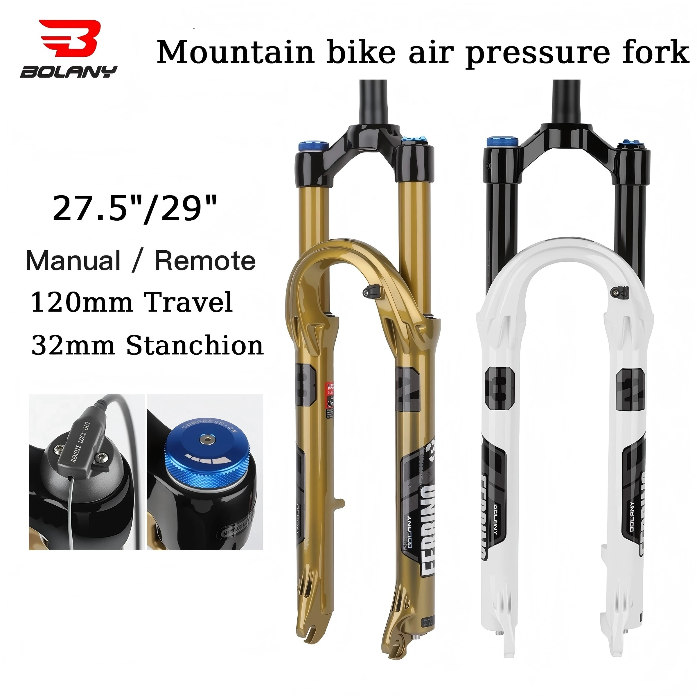 

BOLANY MTB Air Suspension Fork,27.5"/29", 32mm Stanchion, 120mm Travel, Manual/Cable Remote Lockout, 9x100mm QR