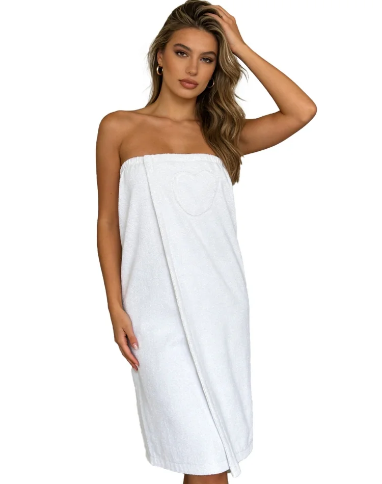 

White Bath Skirt for Ladies, Heart Pocket Design Super Absorbent Soft Towel Bath Wrap Robe Alternative