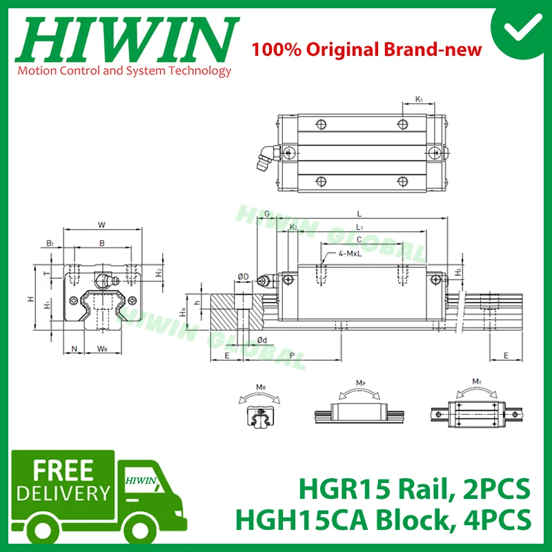 Original HIWIN Linear Guide HGR15 200 300 400 500 600 700 800 900 1000 1100 1200mm Rail HGH15CA Carriage Block ZA Preload C NEW