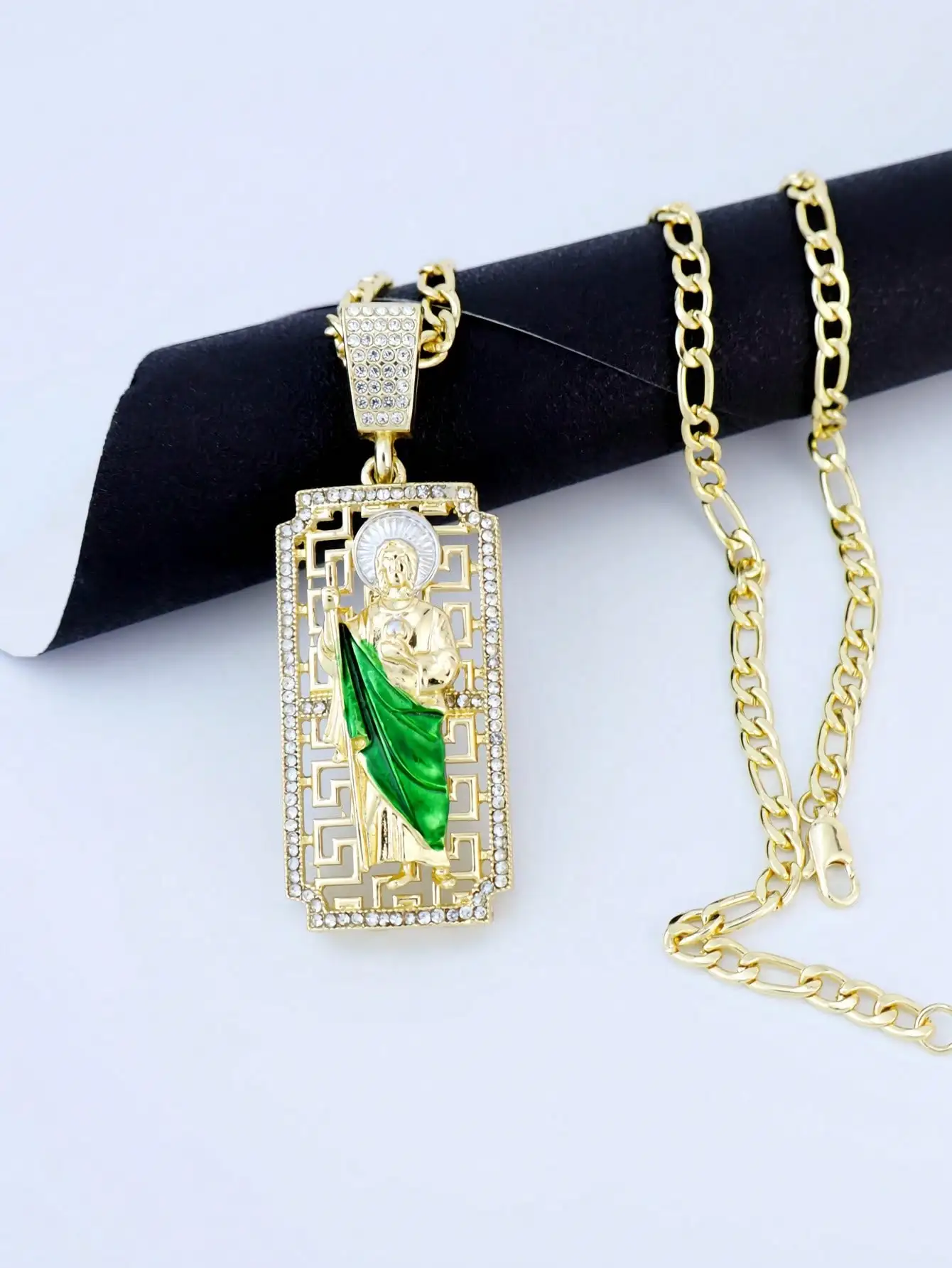 1pc Vintage Floral Green St. Jude Necklace Saint Jude Figaro Chain