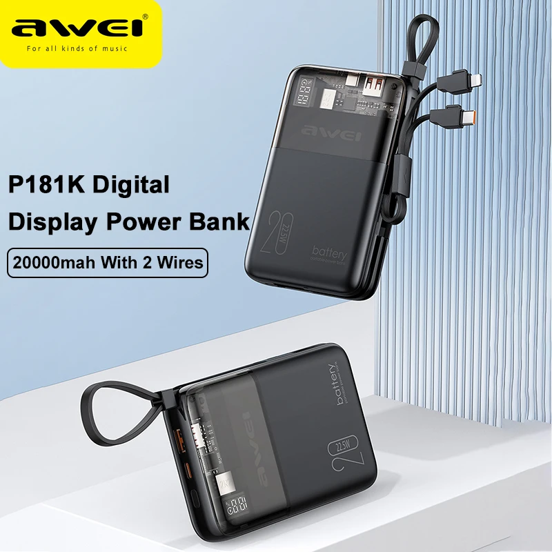 Awei P181K 20000mAh Digital Display Power Bank Comes With 2 Wires Self-contained Transparent Portable Powerbank External Battery