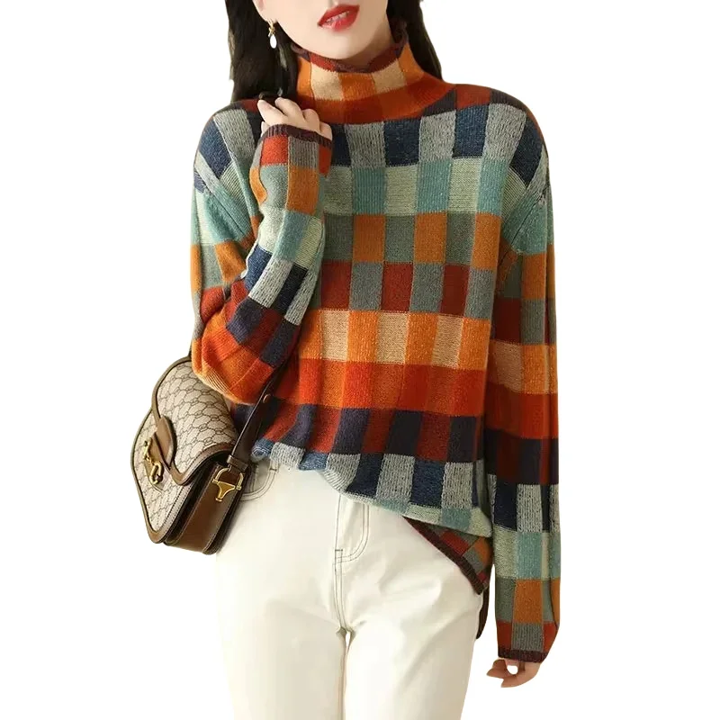 Winter Knitted Women Sweater Plaid Korean Fashion 2024 Turtleneck Long Sleeve Y2K Pullover Soft and Comfortable Sweaters