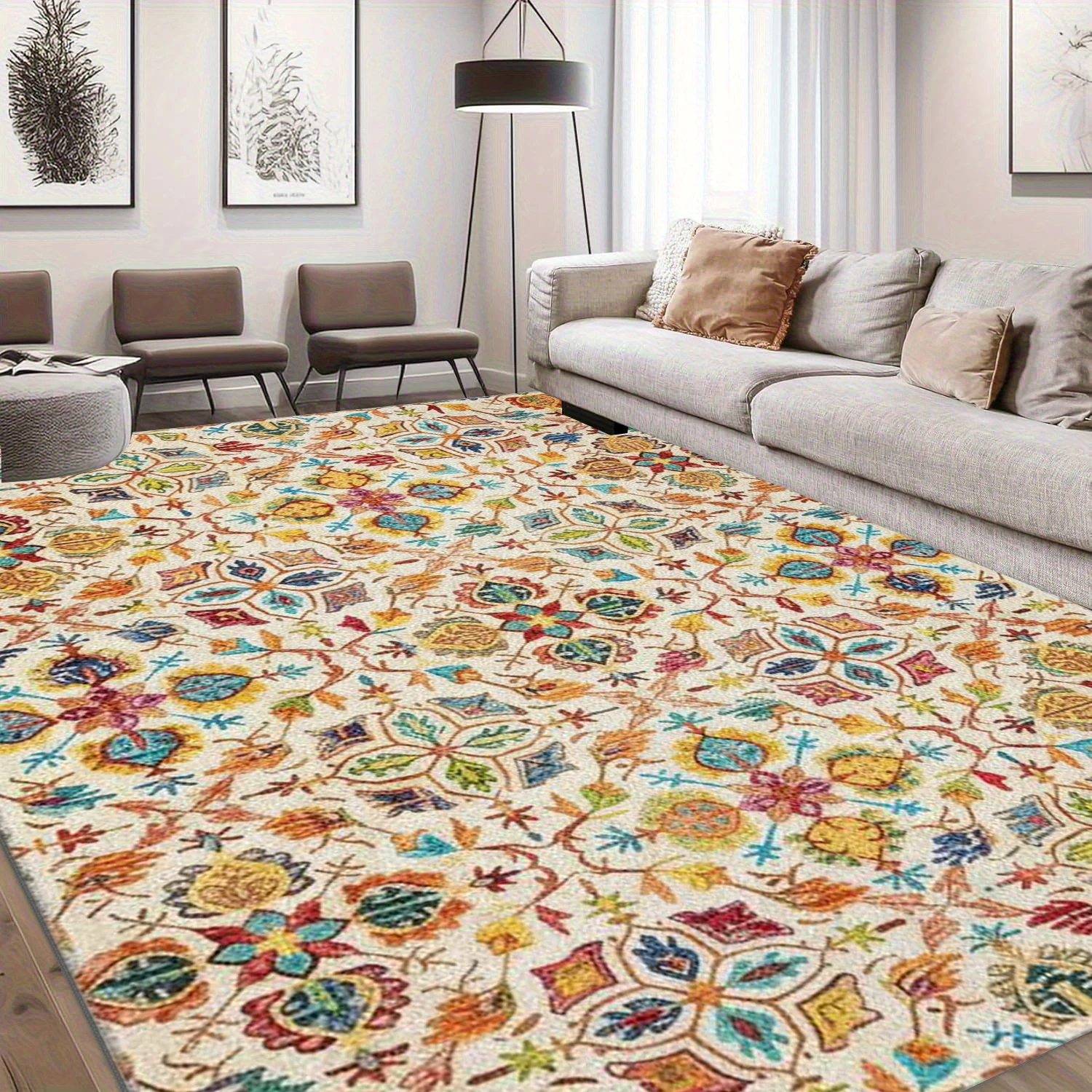 Cream Multicolor Boho Oriental Square Rug Bright Vintage Geometric Floral Ethnic Motif Non-Slip Carpet for Living Room Home Decor