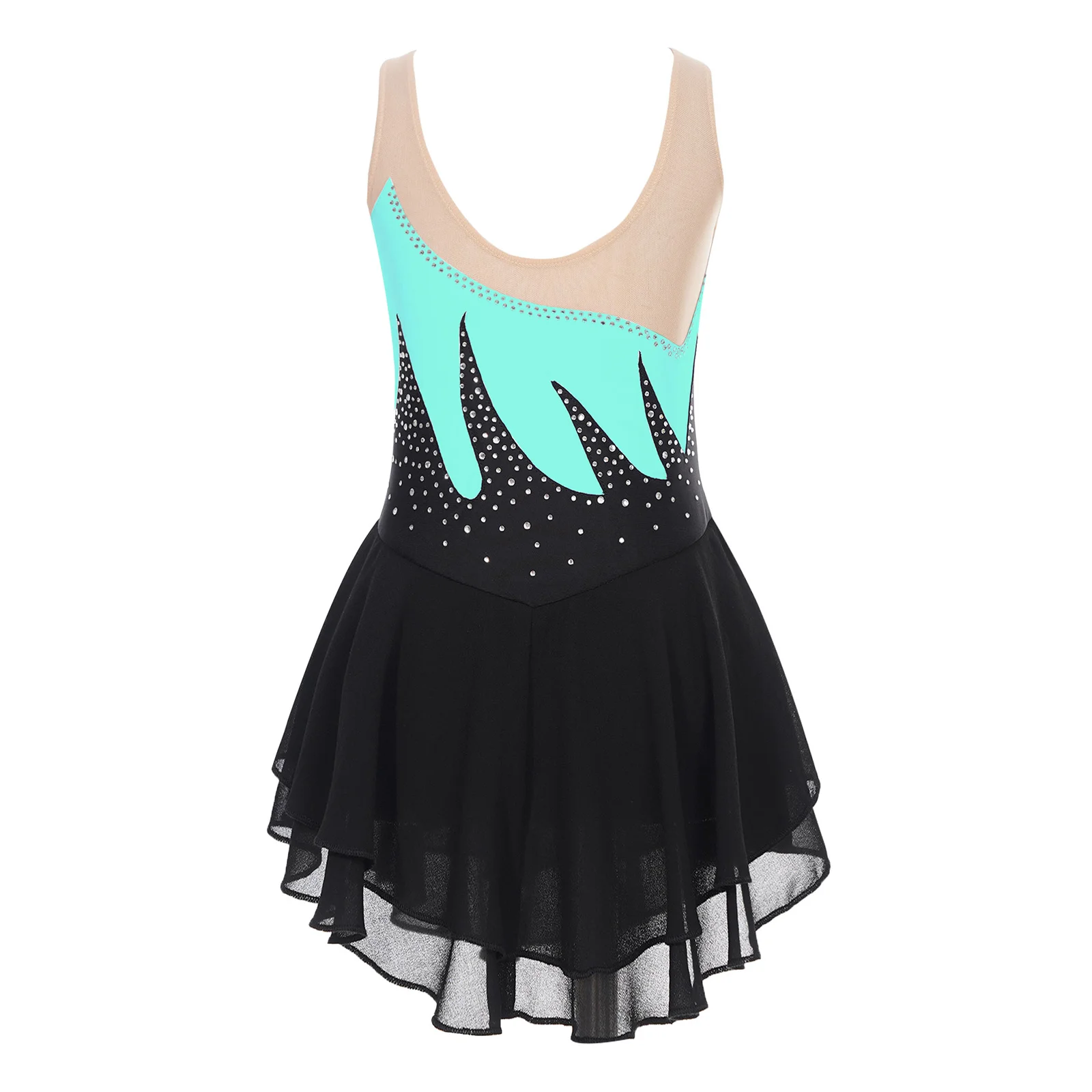 Kids Girls Figure Skating Dress for Performance Dance Training Rhinestone Sheer Mesh Ballet Gymnastics Leotard Dresses Costumes