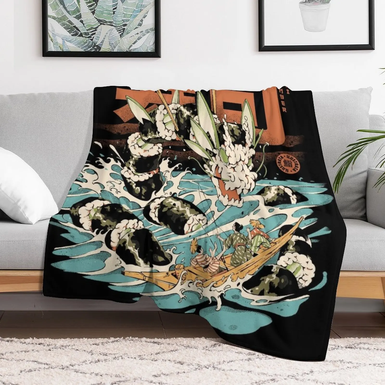 Cucumber Sushi Dragon - Black Throw Blanket Decoratives Single Decorative Sofas Plush Blankets