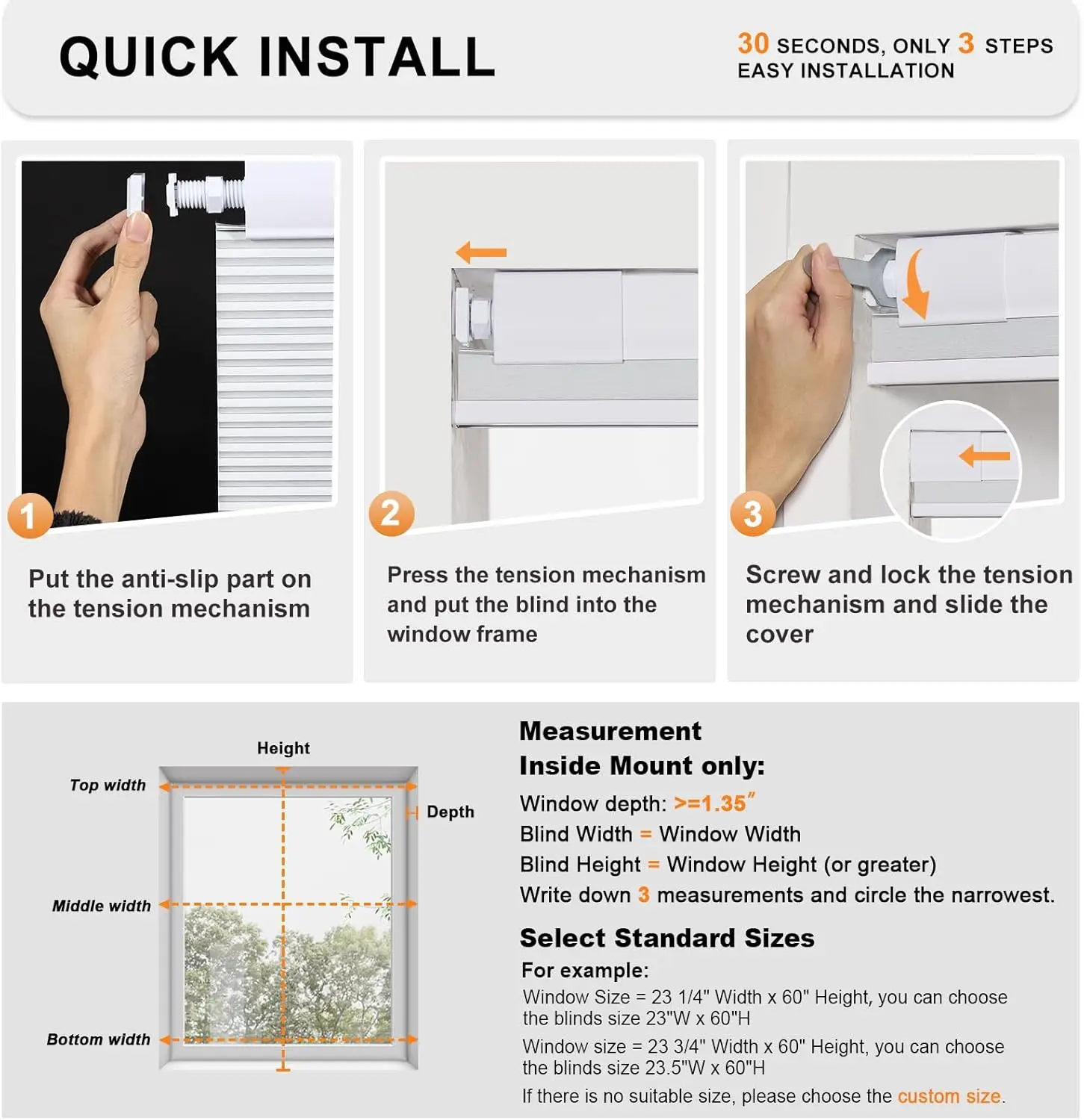 No Drill No Tools 100% Blackout Cellular Shades Cordless Window Shades for Home 30.5"W x 64"H, White UV Protection 1" Cell