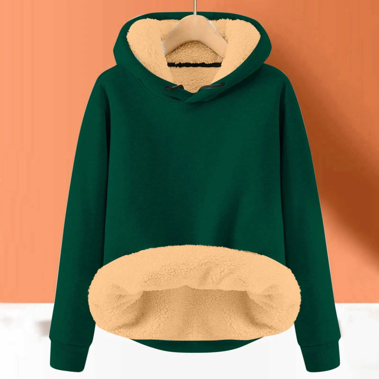 Autumn Winter Solid Color Velvet Liner Hoodie Ladies Thick Warm Loose Hooded Sweatshirt Drawstring Simple Basic Pullover