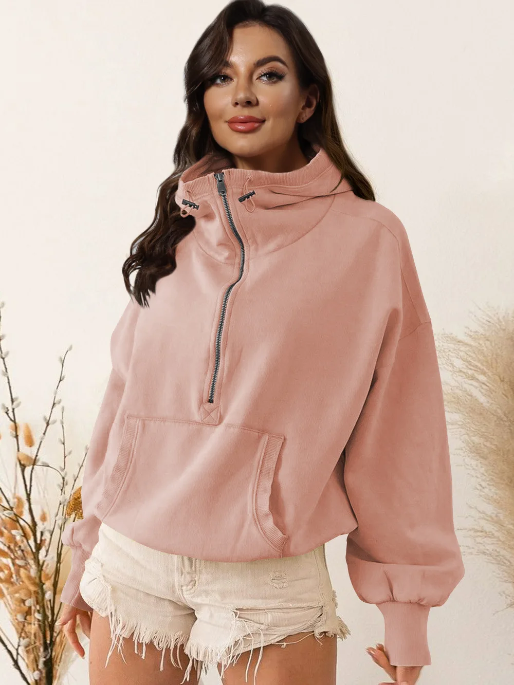 Sudadera con capucha para mujer, abrigo holgado de manga larga con cremallera y bolsillo con cordón, abrigo deportivo de Color sólido, moda Otoño Invierno