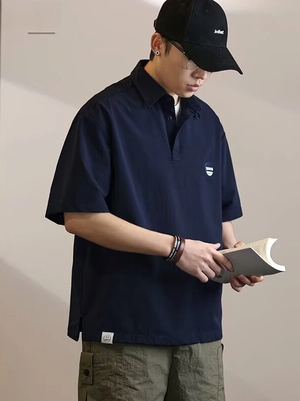 

Loose Fit Men's Bla ort Sve irt Summer Trendy oulder Width irt Collar T-irt American Sle Casual Cotton