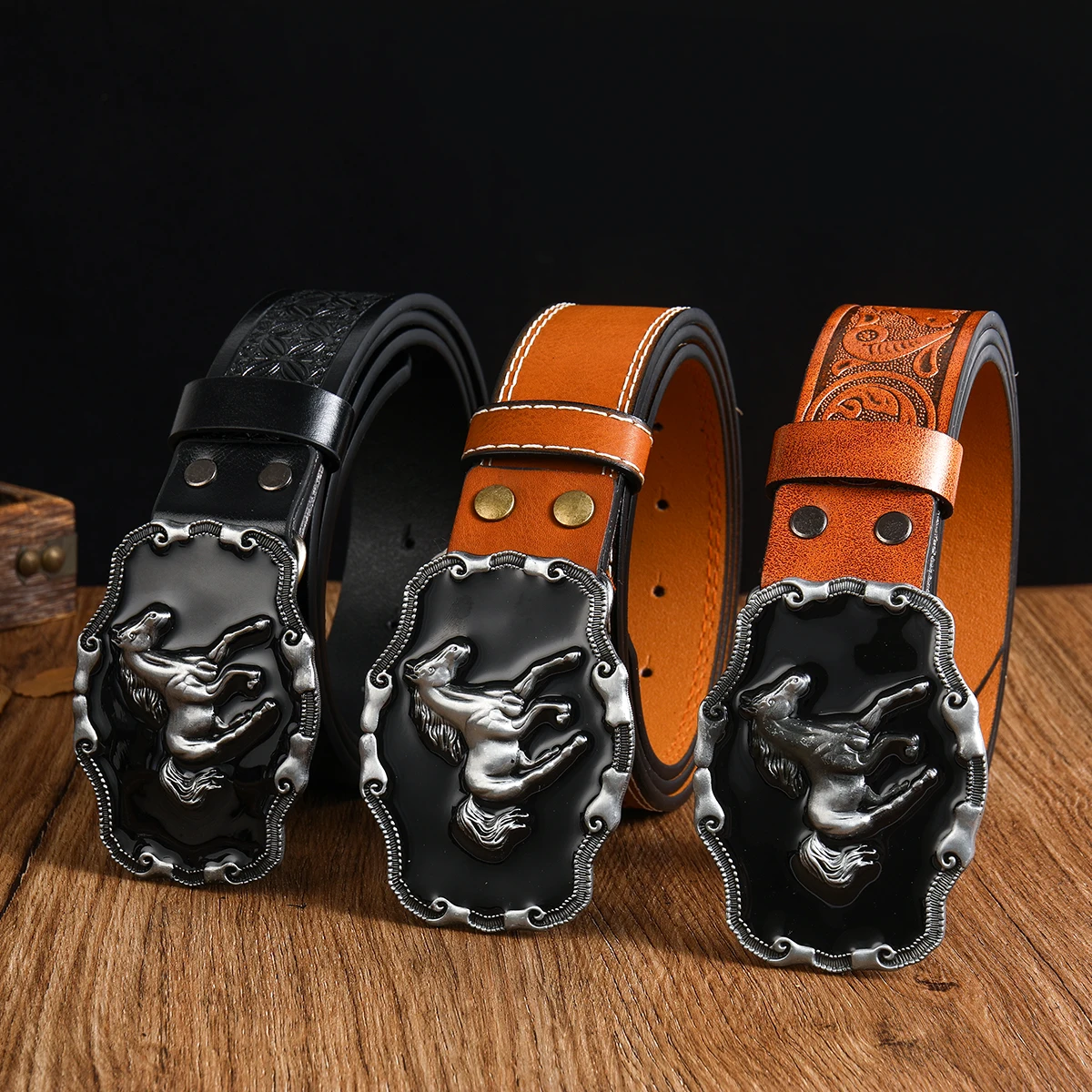 3.7cm wide men\'s and women\'s Western cow head denim style cow scalp buckle trendy belt smooth buckle pattern printing eye round hole style