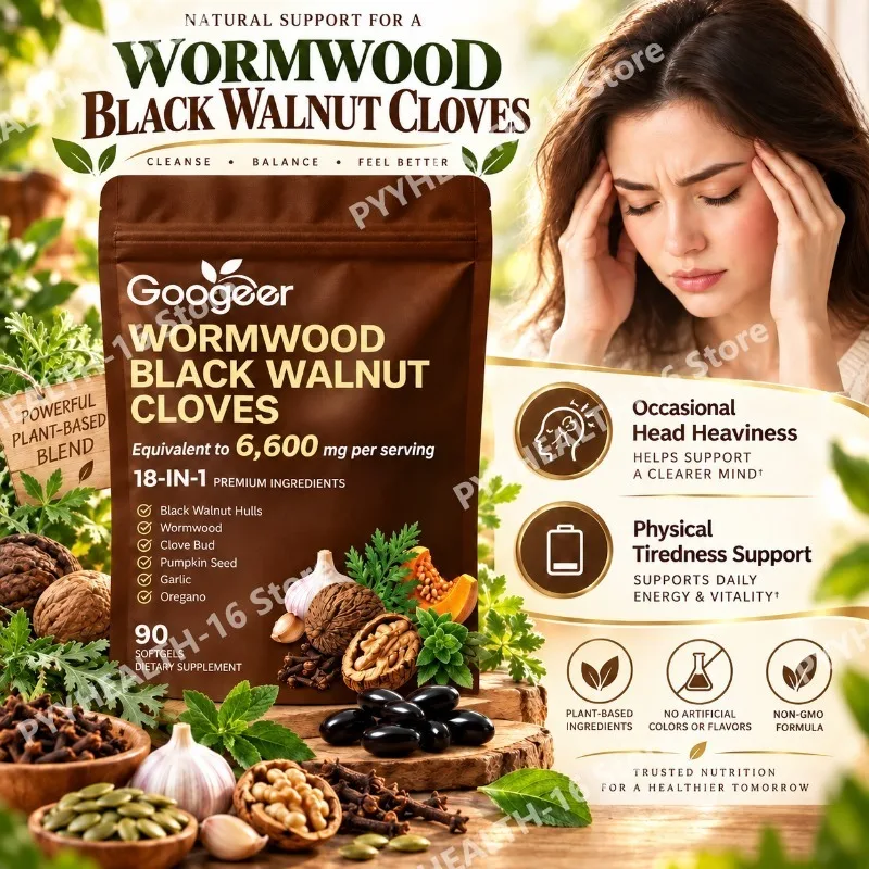 Wormwood Black Walnut Cloves Softgels for Occasional Head Heaviness and Physical Tiredness Support, 18-in-1,Vegan 90 Softgels