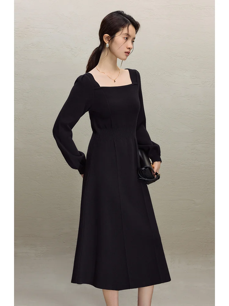 ZIQIAO Retro Commuter Temperament Black Square Neck Knitted Dress for Women Winter Newly High-end Puff-sleeve Long Dress Female