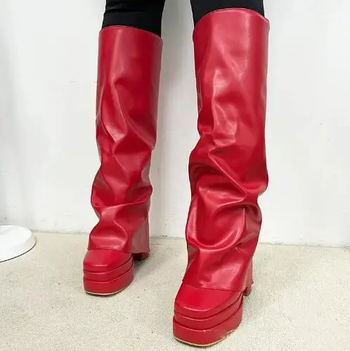 Hot Ladies Black Red Orange Solid Leather Double Platform Square Toe Chunky Heels Knee High Pants Boots Autumn Fold Long Boots